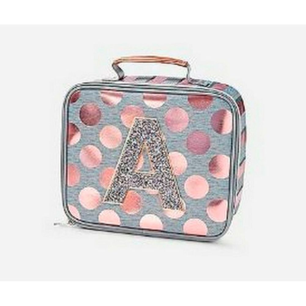 NEW JUSTICE ROSE GOLD POLKA DOT INITIAL LUNCH BOX